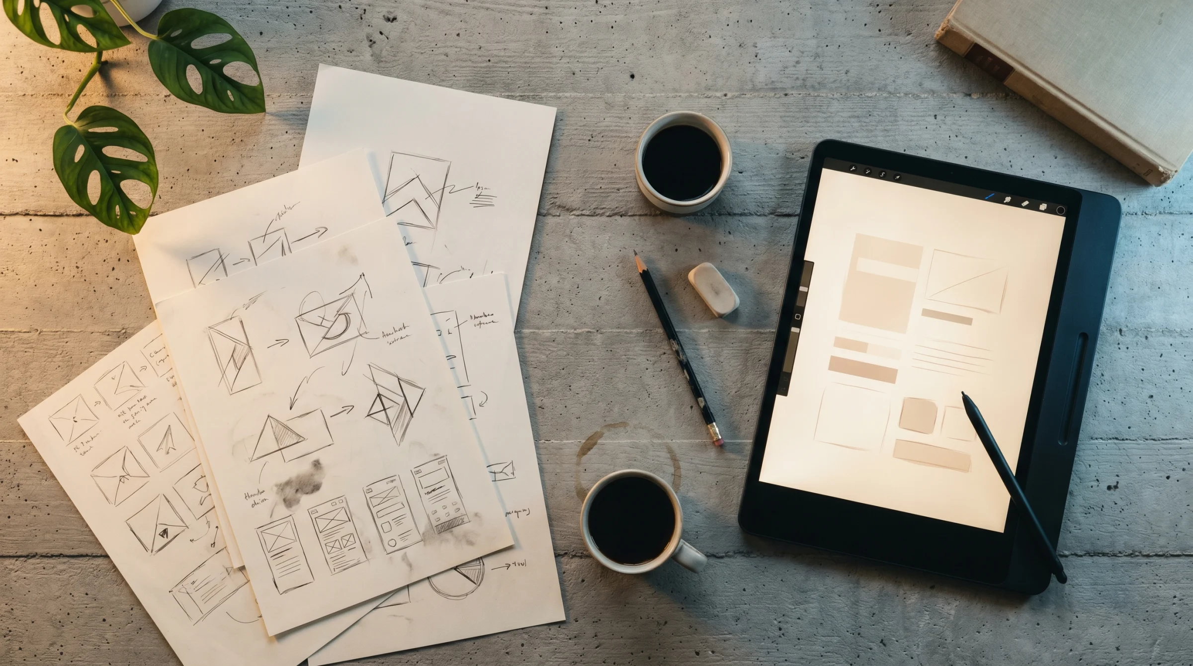 Overhead view of a designer's desk mid-iteration — loose hand-drawn sketches of app screens across a concrete surface, a tablet displaying abstract cream-coloured page layouts, two ceramic coffee cups, a monstera leaf arcing in from the top-left corner