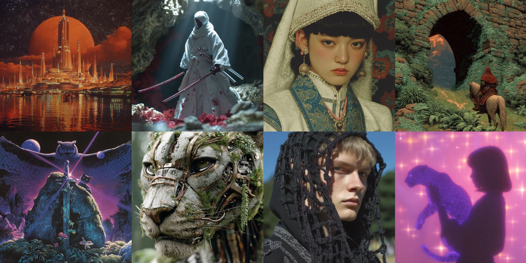 Eight-panel grid of sample images from Midjourney v7 — ornate fantasy city at sunset, hooded figure in snow with crimson staining, close portrait of woman in patterned headscarf, red-cloaked figure in a mossy stone archway, moonlit owl-and-witch scene, mossy stone tiger sculpture, portrait of a young man in a dark mesh hood, silhouette of a woman against a magenta star-scattered background
