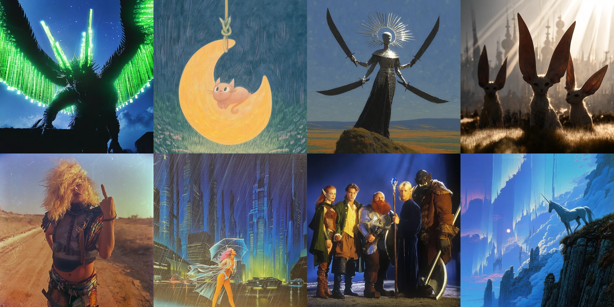 Eight-panel grid of sample images from Midjourney v8 alpha — glowing winged figure, moon cat, cloaked silhouette with wings, silhouetted archers at sunset, post-apocalyptic portrait, neon-lit cyberpunk street, four fantasy characters in party formation, canyon with wolf