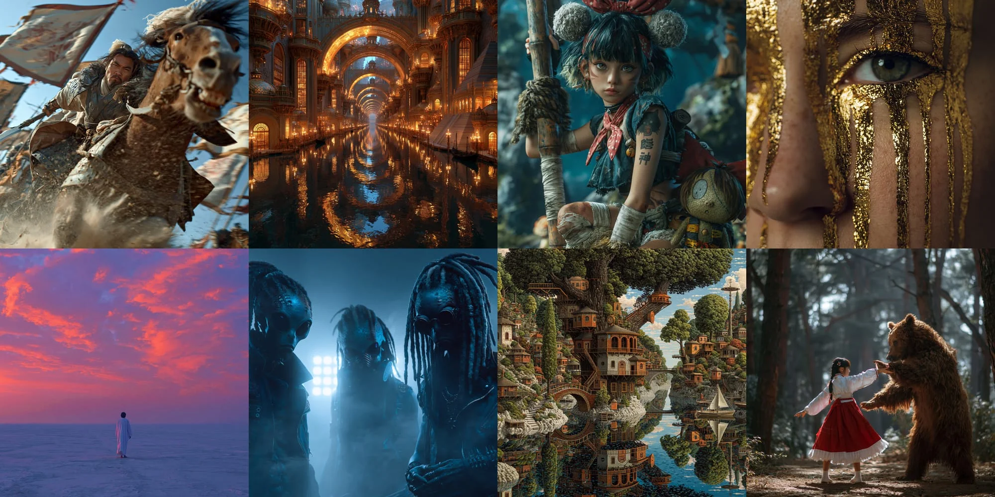 Eight-panel grid of sample images from Midjourney v8.1 alpha — cinematic figure with flag on rocky shore, baroque interior with chandelier, anime girl holding bird in forest, golden tear-streaked portrait, lone figure in pink desert at sunset, two alien figures silhouetted in blue fog, stacked treehouse village in the woods, little girl in red dress facing a brown bear