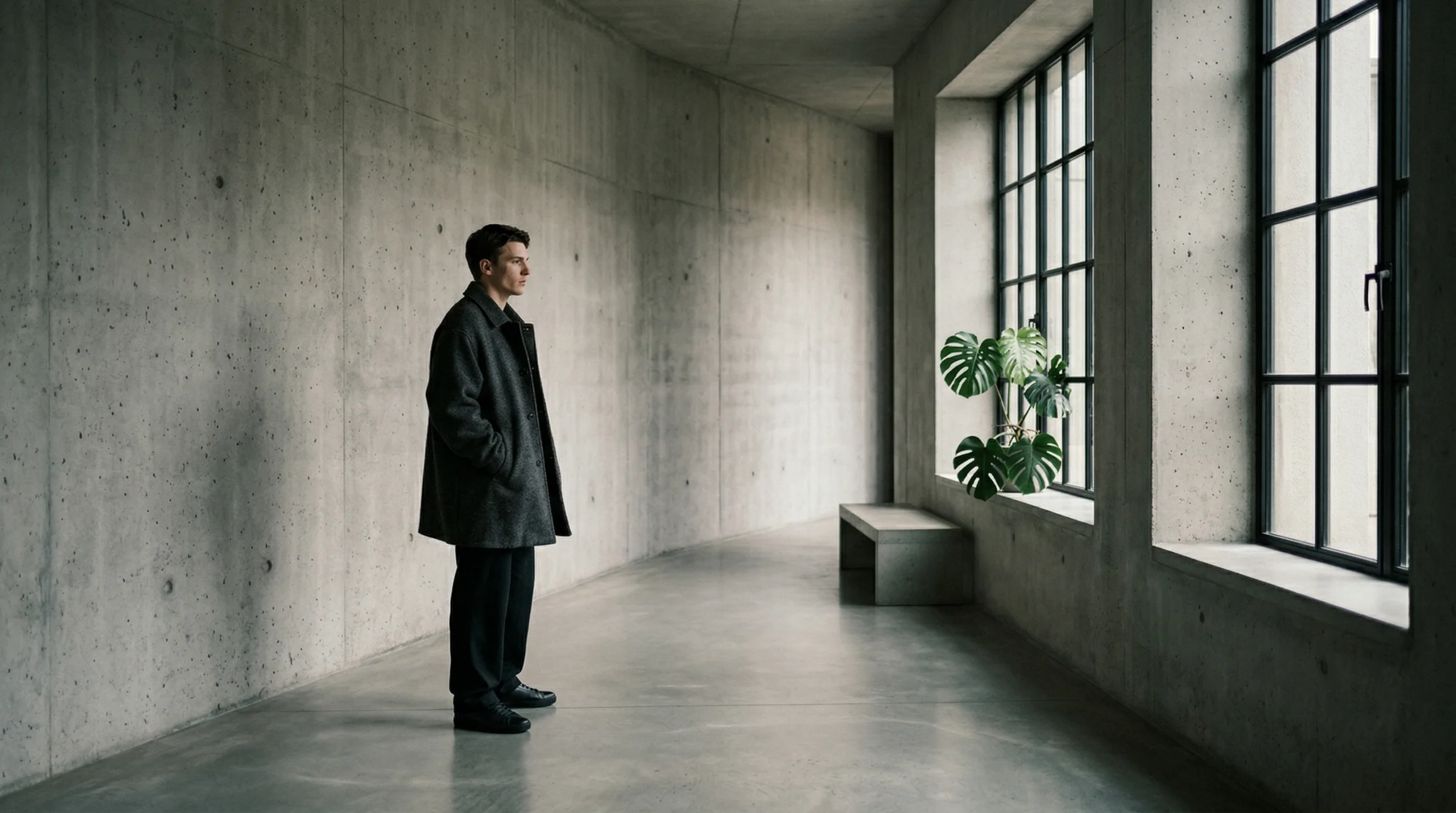 A photorealistic image of a man in a dark coat standing in a polished concrete corridor, a tall Crittall window on the right admitting soft directional daylight, a monstera plant beside the window