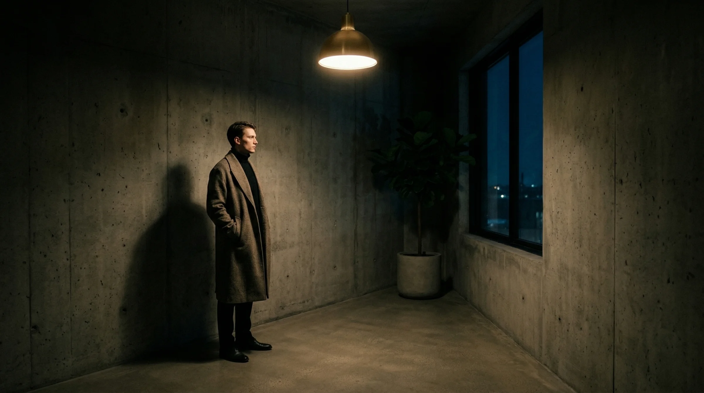 The same composition rendered as a moody night scene with a warm pendant lamp casting pooled light from above, a dark window showing a blue-black sky, tungsten warmth, deep matte shadows