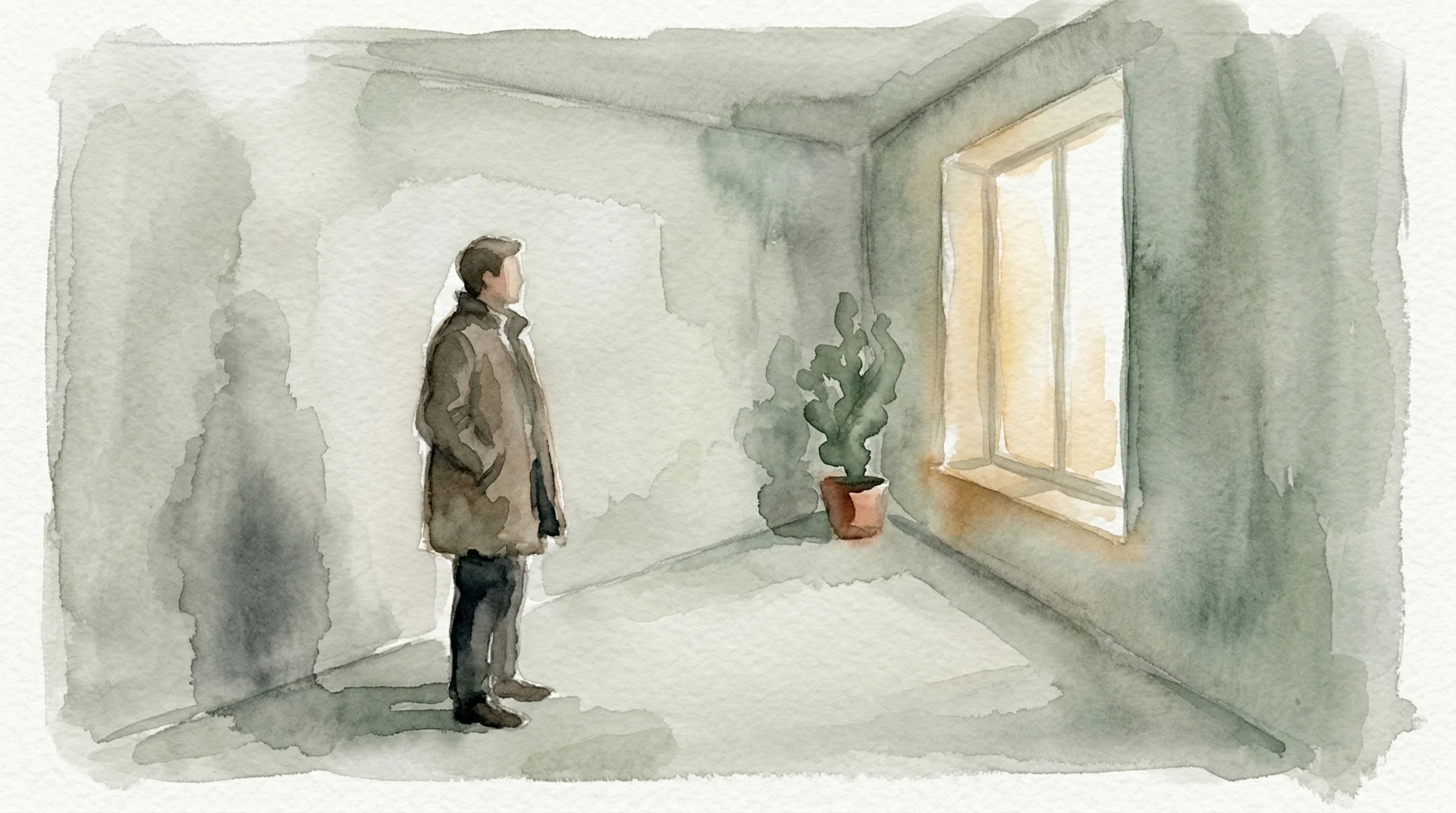 The same composition rendered as a soft watercolour illustration in muted earth tones, loose washes of grey and sage, paper texture showing through