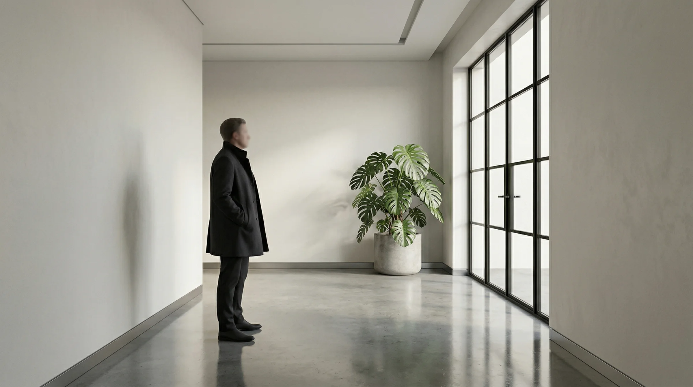 A clean architectural visualisation showing the same composition with pale plastered walls, a polished concrete floor, a large monstera in a white concrete planter, even ambient daylight, the figure standing as a neutral scale reference