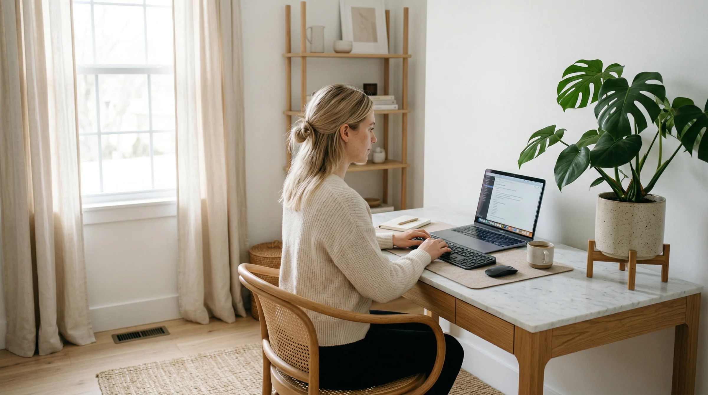The Nordic-modern misfire. Technically correct, emotionally flat. Light oak, cream, bright window light — very Kinfolk. And totally forgettable.
