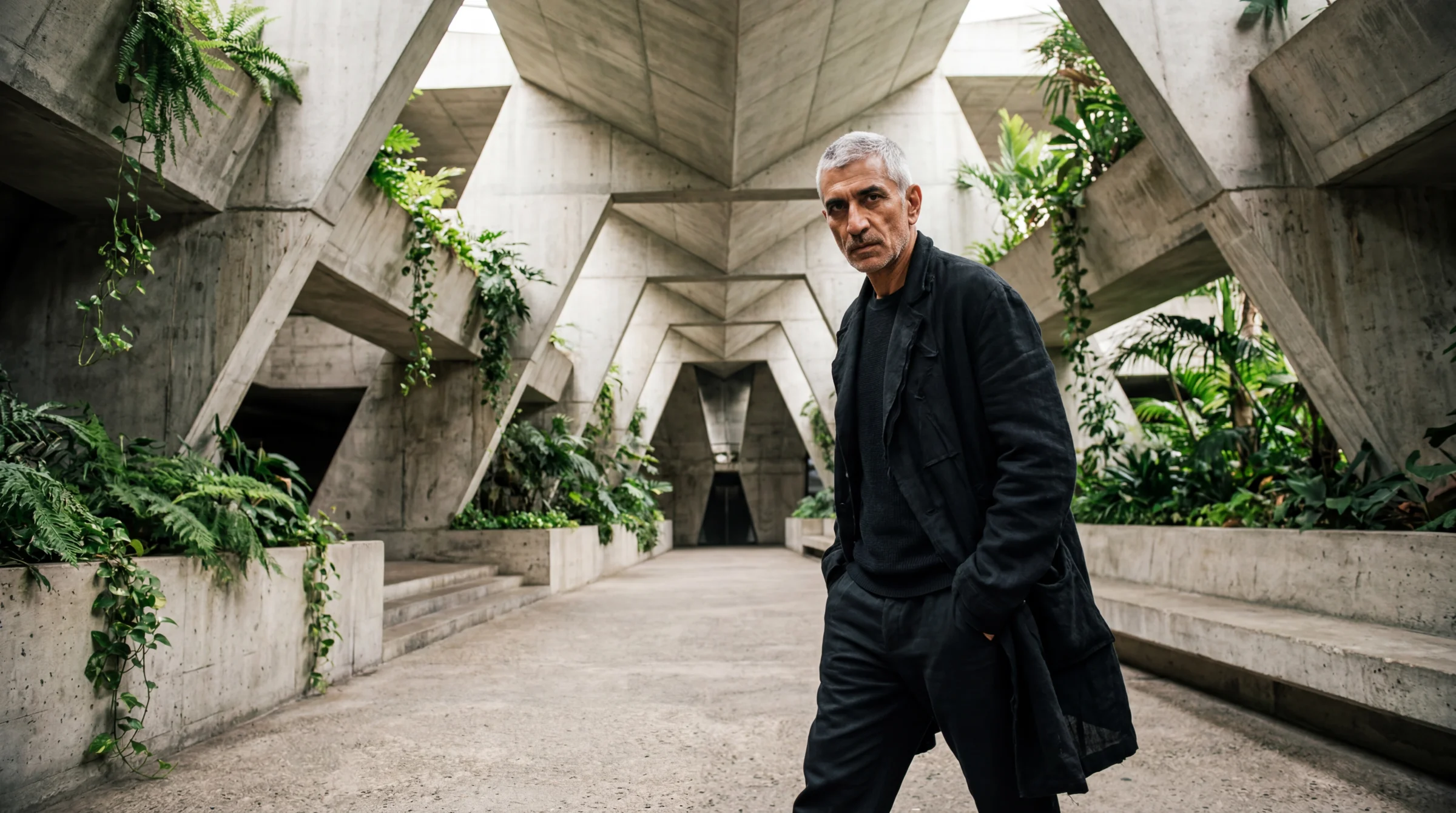 16mm — "just write the number." Wider framing, but zero distortion. The architecture doesn't bend. The subject looks like they're in a normal-sized corridor. The lens number didn't fire as an optical signal.