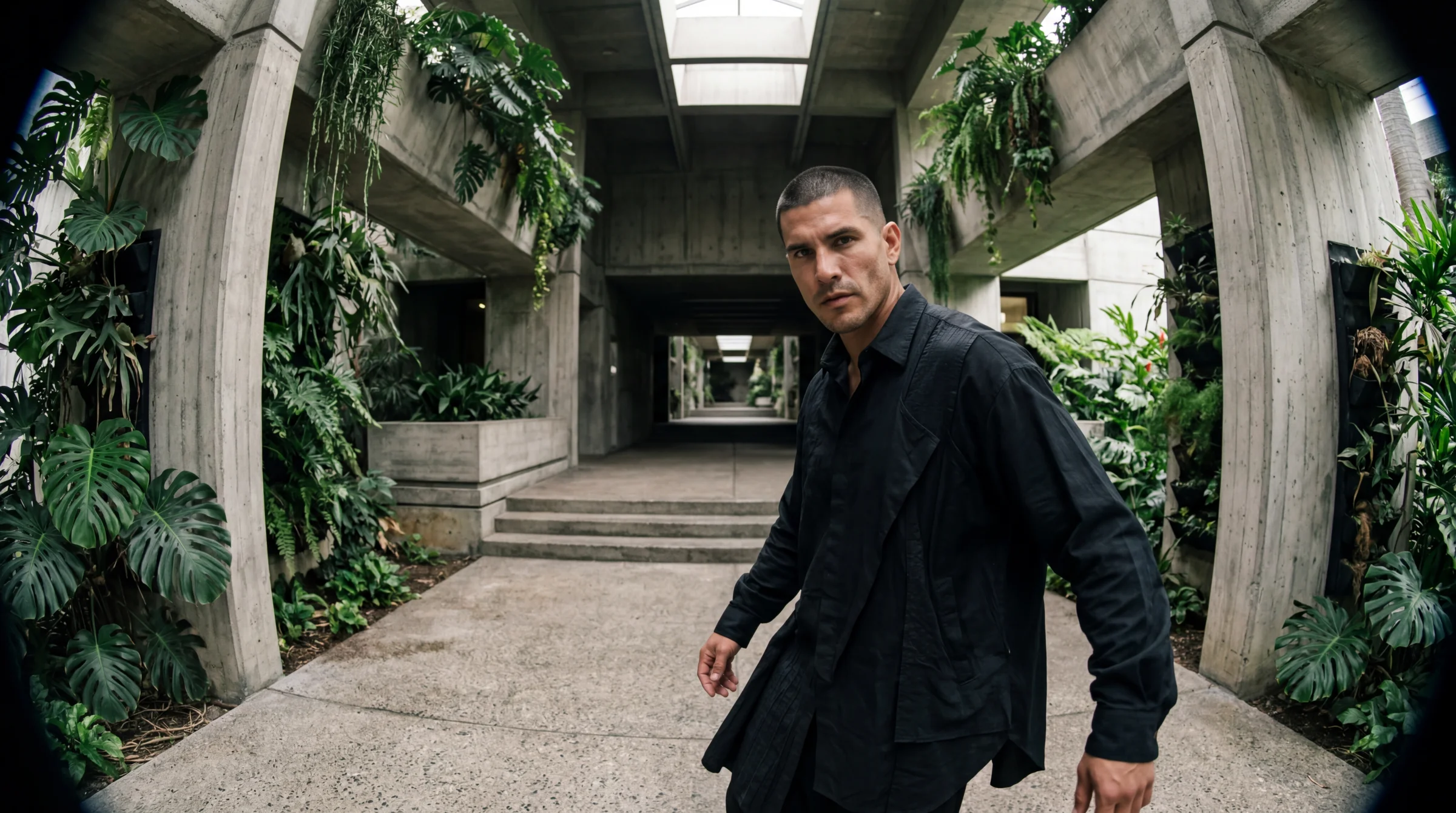 Landscape 16mm with edge-forced distortion. Concrete walls and columns pushed to the extreme left and right of the frame, where the barrel pull lives. Now you can see the walls bending outward at both edges.