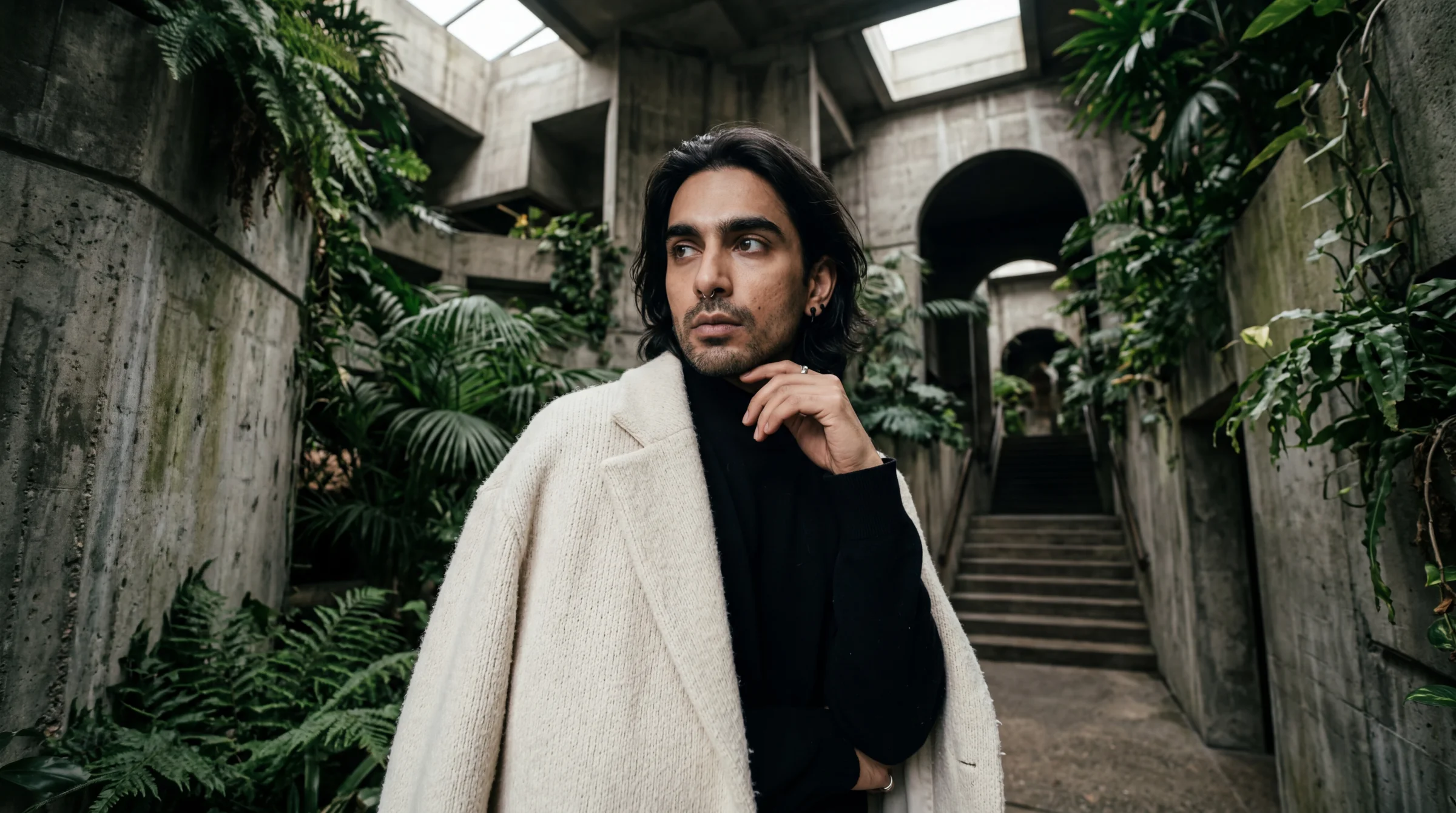 v5 — 16mm intimate. The corridor expands behind him. The COS cream coat against the concrete stairwell. The septum ring, the angular jaw. James's response: "V5 is pretty naughty. You've got the same character as well."