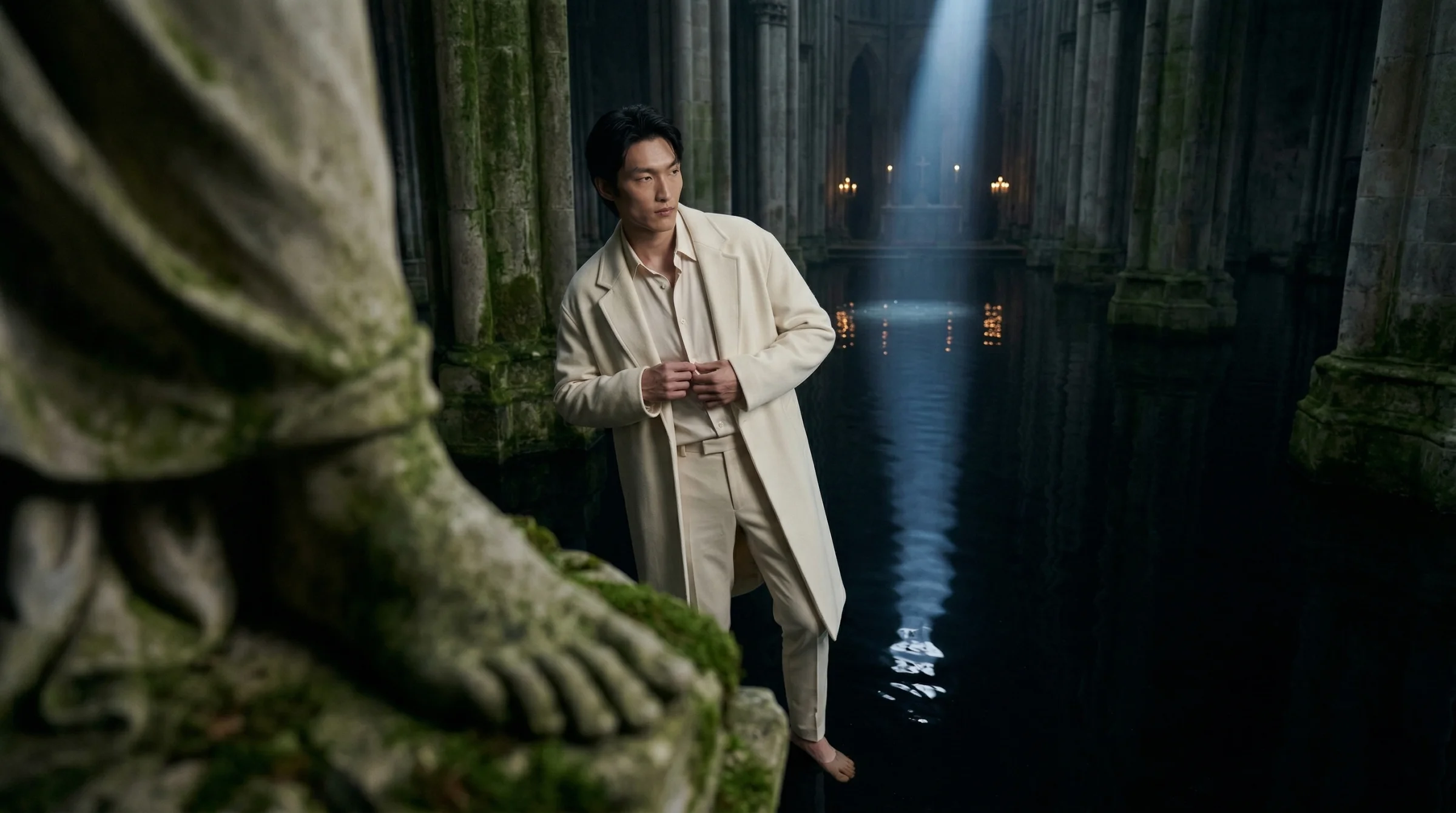 The third cathedral iteration, with the shortest prompt of the three. A mossy stone angel's foot in the left foreground, sharp and tactile, framing the subject through the nave. Moonlight shaft visible on the distant altar. Scene-integrated lighting, layered depth, off-centre composition — every rule the first two iterations had fought over, now firing together.