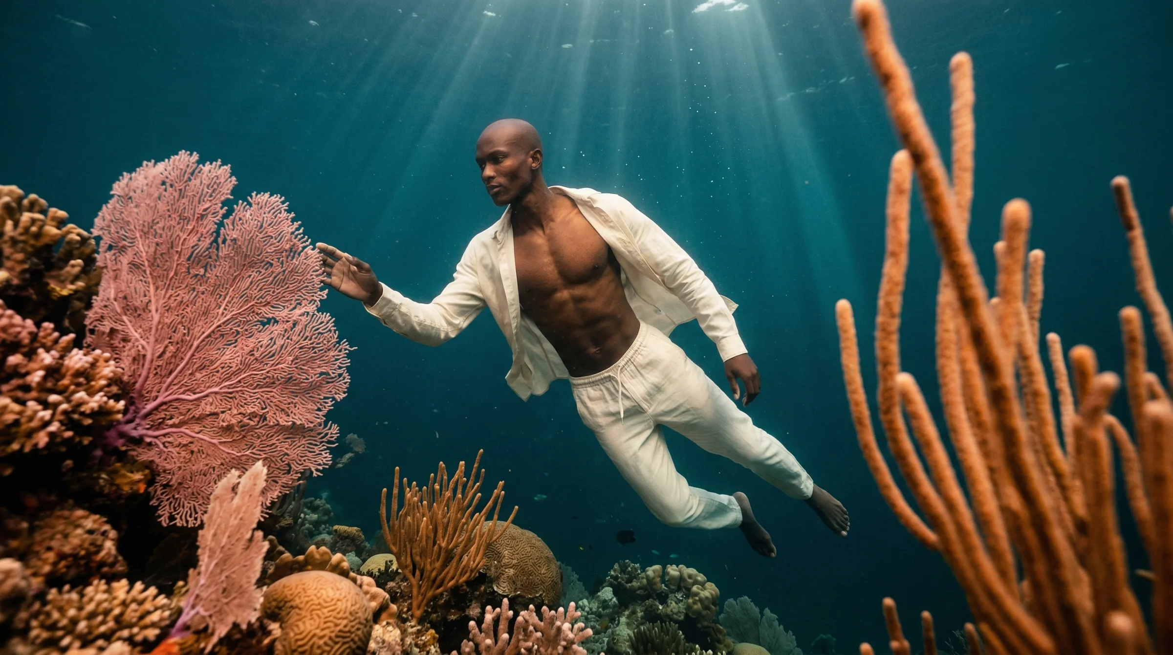 Shoot 005 — Sudanese man in a coral reef, first frame. Minimum stack, no posing block, no stakes, no overrides. Six blocks and a short pose line per shot. First try. The cathedral lesson travelling.
