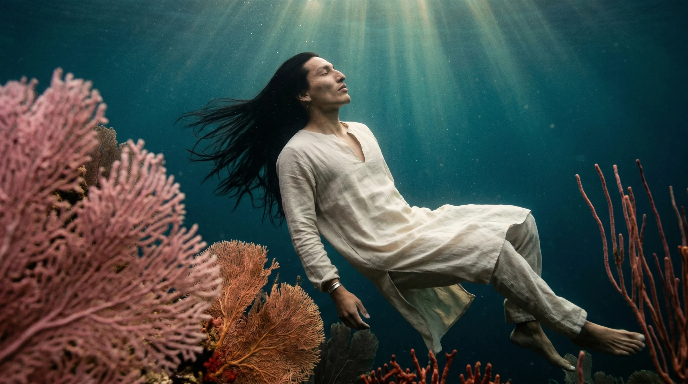 The Lakota test shot. Long black hair drifting in the current, eyes closed, body curving toward the surface through a fan of pink gorgonian coral. I generated him, tested him, almost built a whole shoot around him, then went with the Sudanese man instead. Without the archive rule this frame would have been deleted with the test batch.
